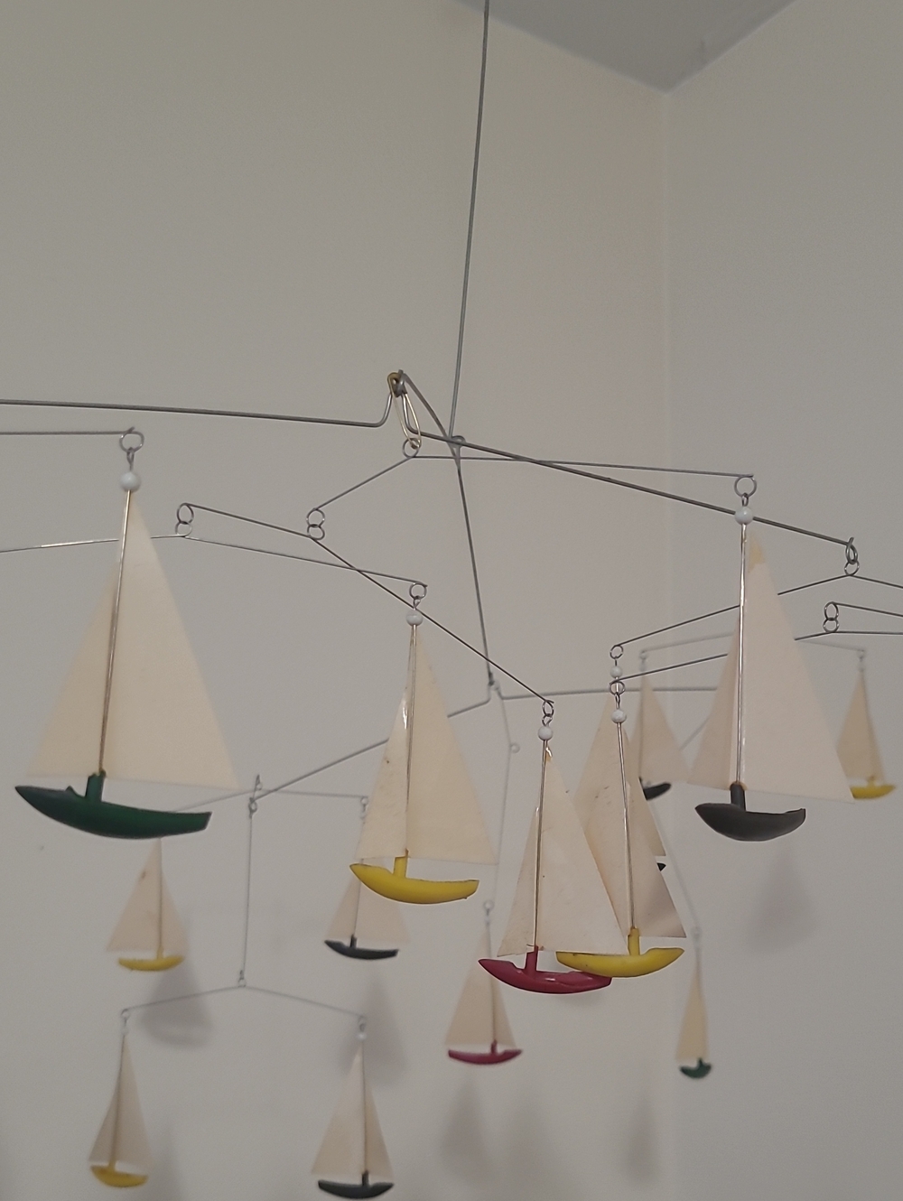 Hanging Sailboat Mobile in Cream, Yellow, Green, Red, Black